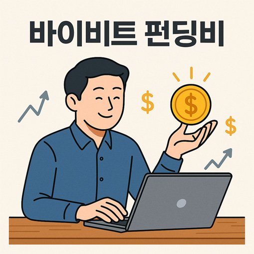 바이비트 펀딩비로 이자를 받으며 투자하는 남성이 노트북 앞에서 코인을 들고 미소 짓는 일러스트