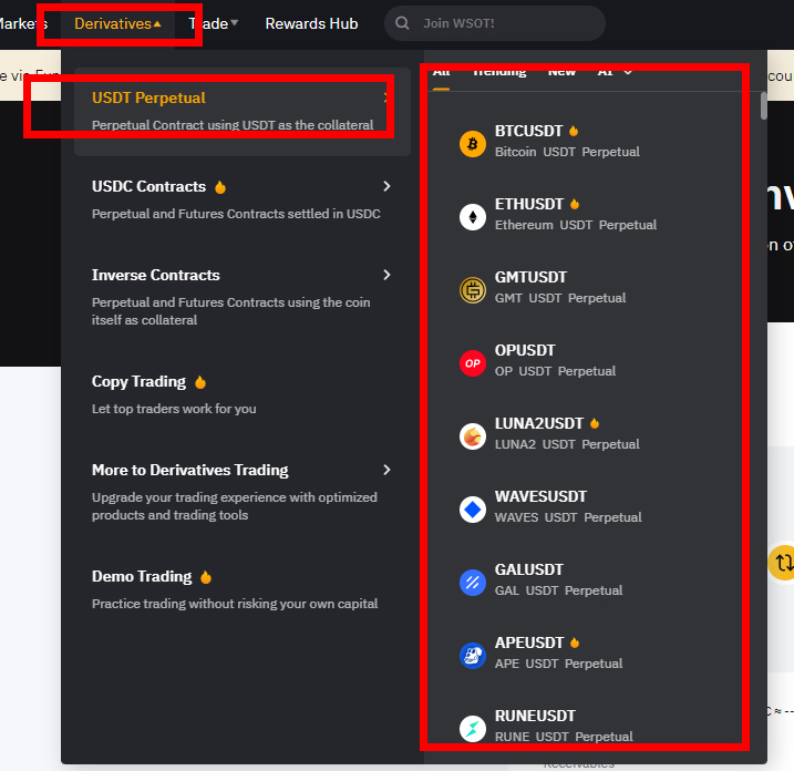 바이비트 USDT 무기한 선물 거래 메뉴 선택 화면