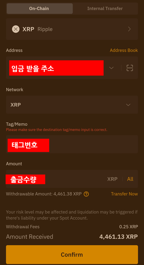 리플(XRP) 출금 화면에서 입금 주소, 태그번호, 출금 수량을 입력하는 장면