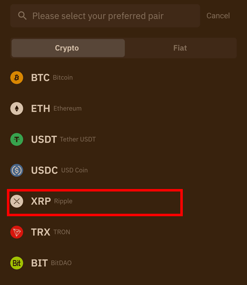 바이비트 출금 화면에서 전송할 코인으로 리플(XRP)을 선택하는 장면