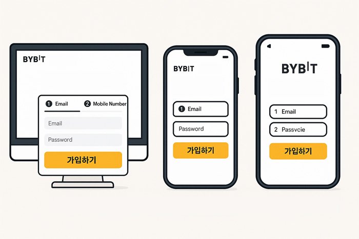 바이비트 회원가입 방법 비교 일러스트, PC 웹, 모바일 웹, 모바일 앱 가입 화면을 나란히 보여주는 이미지