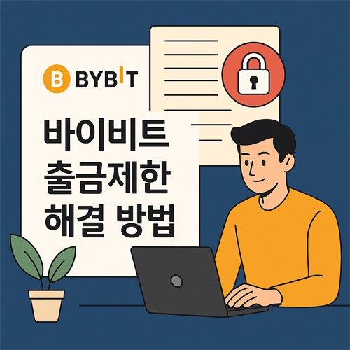 바이비트 출금제한 해결 방법을 설명하는 일러스트. 노트북 앞에서 출금 문제를 해결 중인 사용자 모습과 자물쇠 아이콘이 함께 등장함.