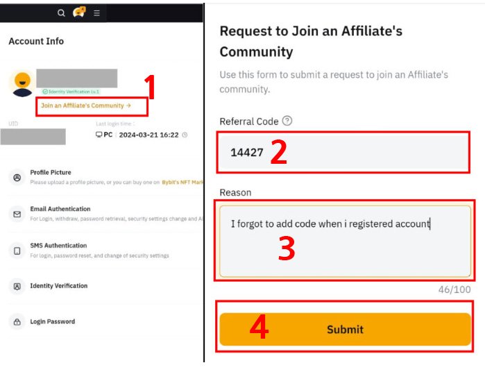 Bybit 계정 설정 화면에서 Join an Affiliate's Community 선택 후 Referral Code 165443을 입력해 추천인 코드 추가를 요청하는 단계별 화면.