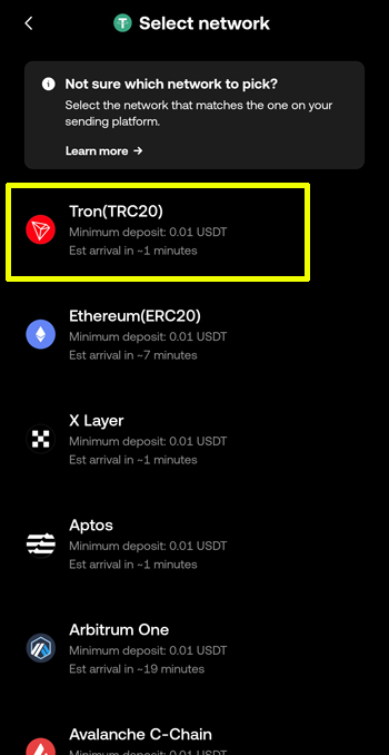 okx 테더 입금 네트워크 선택 창