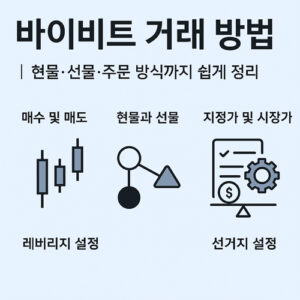 바이비트 거래 방법 안내 이미지 - 현물, 선물, 주문 방식 및 레버리지 설정 가이드