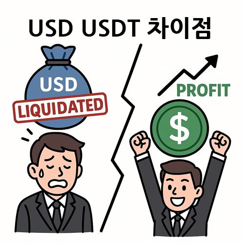USD와 USDT 차이점을 설명하는 만화 인포그래픽. USD 쪽은 청산(Liquidated)으로 슬퍼하는 인물, USDT 쪽은 수익(Profit)으로 기뻐하는 인물이 그려져 있다.