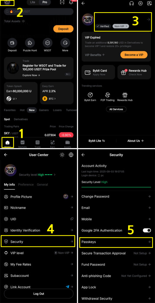 BYBIT 앱에서 Passkey 설정 메뉴에 접속하는 경로를 단계별로 보여주는 화면 캡처.