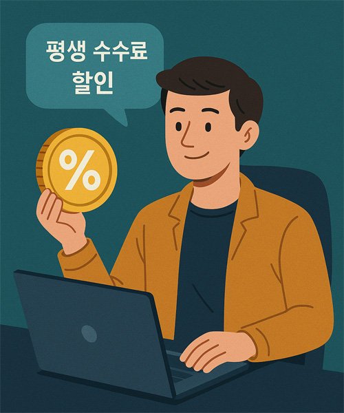 비트겟에서 평생 거래 수수료 할인을 받는 투자자를 표현한 일러스트 — 노트북으로 거래하며 금색 코인을 들고 있는 남성 트레이더
