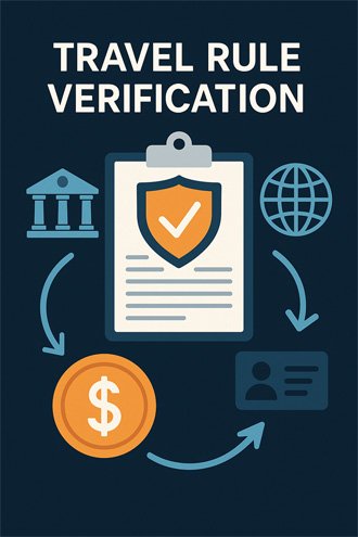 Travel Rule Verification을 상징하는 보안 인증 일러스트 — 은행, 지구본, 신분증, 달러 아이콘이 연결된 서류와 방패 체크마크 그래픽
