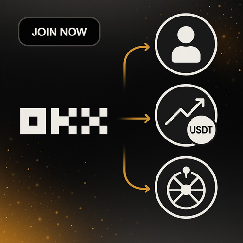 OKX 이벤트 분위기의 고급스러운 블랙·골드 컬러 아트워크 – 거래와 보상을 상징하는 그래픽 요소