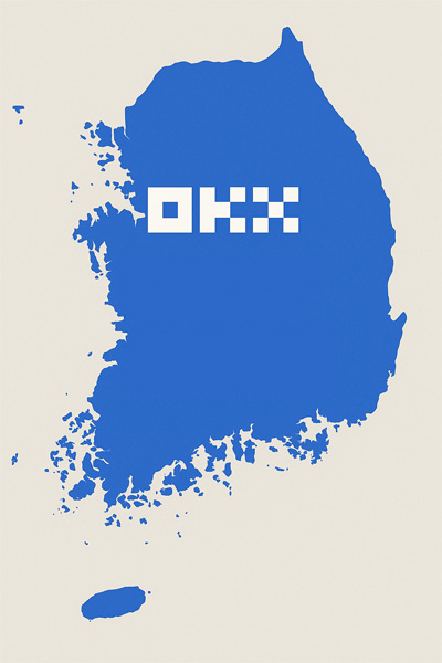 한국 지도 위에 OKX 로고와 한국어 문구가 표시된 인포그래픽, 한국에서 OKX를 사용하는 느낌을 시각적으로 표현