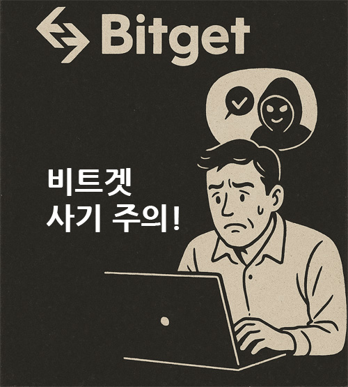 비트겟 사기라는 문구와 함께 노트북 앞에서 걱정하는 남성과 후드 쓴 사기범 아이콘이 나타난 경고형 일러스트