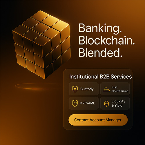 바이비트 B2B 서비스를 상징하는 금빛 큐브와 Banking Blockchain Blended 문구가 함께 표시된 이미지