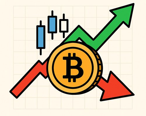 코인 숏 헷징을 상징하는 비트코인 아이콘과 상승·하락 그래프 일러스트