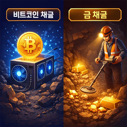 비트코인 채굴과 금 채굴을 비교한 이미지, 한쪽에는 채굴 장비와 비트코인 아이콘이 있고 다른 한쪽에는 광부와 금이 배치된 대비 일러스트