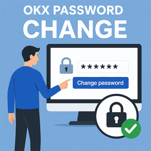 OKX 비밀번호 변경 화면을 가리키는 남성과 Change password 버튼이 표시된 컴퓨터 화면 일러스트