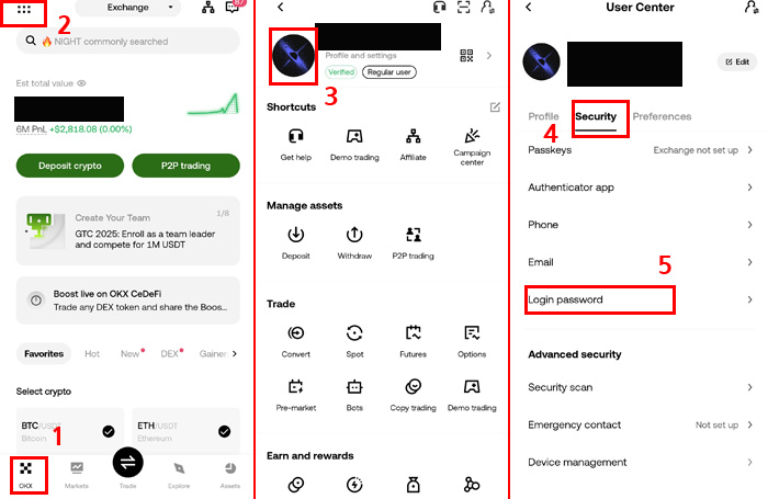 OKX 모바일 앱에서 메뉴 → 프로필 → Security로 이동한 뒤 Login password 메뉴가 보이는 단계별 화면