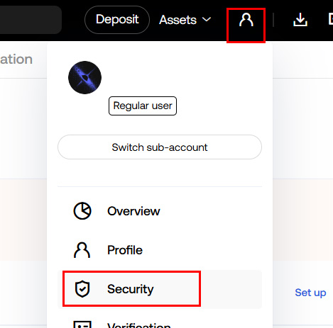 OKX 웹사이트에서 프로필 아이콘을 클릭한 후 Security 메뉴가 표시된 화면