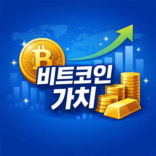 비트코인 가치 개념을 표현한 심플한 일러스트 이미지, 비트코인 아이콘과 상승 그래프가 함께 배치된 디자인